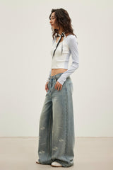 LOGO Leather Patch Bleach Print Denim Wide-Leg Pants