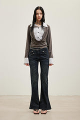 Star Glitter Hot-Fix Rhinestone Multi-Zipper Flared Stretch Jeans