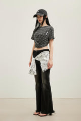 Light gray knot-hem striped short-sleeve top