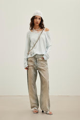 Fine Glitter Dirty Wash Plaid Curved Hem Jeans