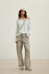 Fine Glitter Dirty Wash Plaid Curved Hem Jeans