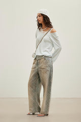 Fine Glitter Dirty Wash Plaid Curved Hem Jeans