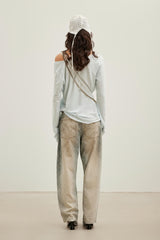 Fine Glitter Dirty Wash Plaid Curved Hem Jeans