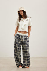 Waistband Panelled Plaid Wide-Leg Casual Pants