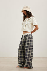 Waistband Panelled Plaid Wide-Leg Casual Pants