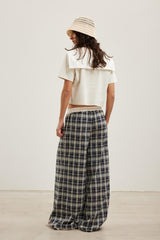 Waistband Panelled Plaid Wide-Leg Casual Pants