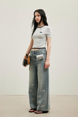 Grey Frayed Hem Logo Patch Round Neck Knit Top