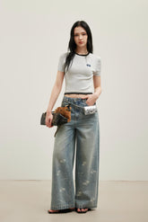 Grey Frayed Hem Logo Patch Round Neck Knit Top