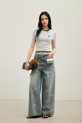 Grey Frayed Hem Logo Patch Round Neck Knit Top