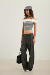 Grey Gradient Black-White Rhinestone Curved-Leg Trousers