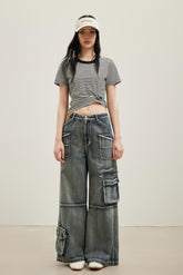 Blue Washed Cargo Pocket Webbing Jeans