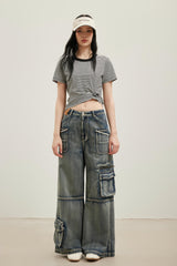 Blue Washed Cargo Pocket Webbing Jeans