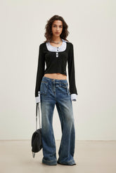 Black Knit Shirt with Patchwork Square Collar Top