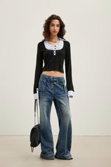 Black Knit Shirt with Patchwork Square Collar Top