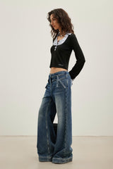 Black Knit Shirt with Patchwork Square Collar Top