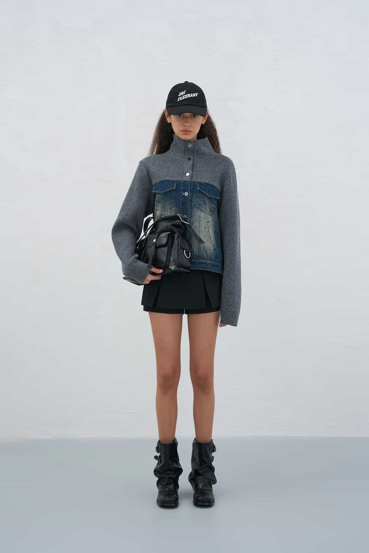 Denim Paneled Knit Stand Collar Jacket