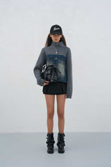 Denim Paneled Knit Stand Collar Jacket