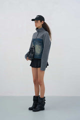 Denim Paneled Knit Stand Collar Jacket