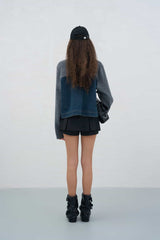 Denim Paneled Knit Stand Collar Jacket