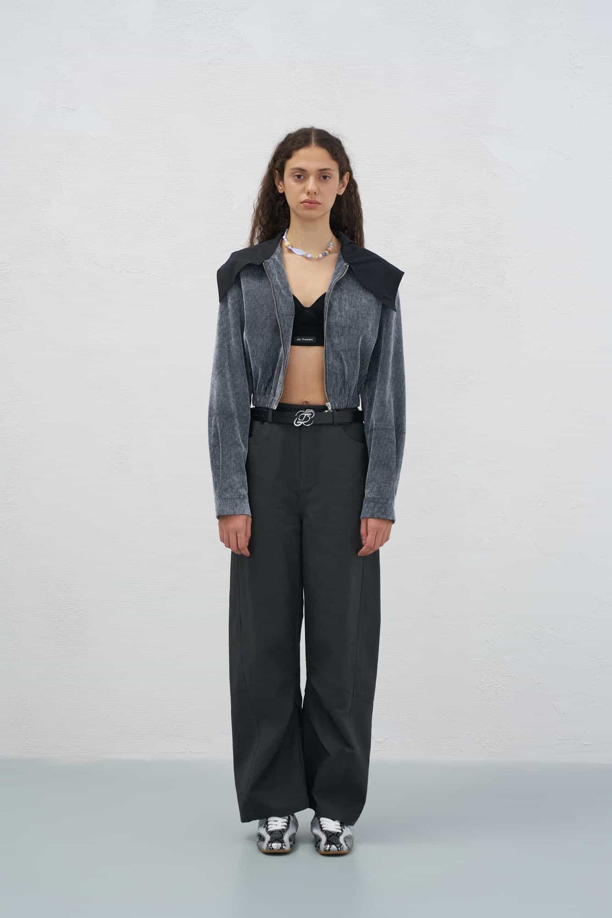 Grey Knit Panel Washed Foldable Long Pants