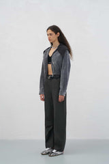 Grey Knit Panel Washed Foldable Long Pants