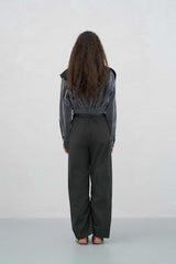 Grey Knit Panel Washed Foldable Long Pants