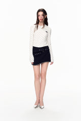 Black Curved Hem Rhinestone Belted Mini Skirt