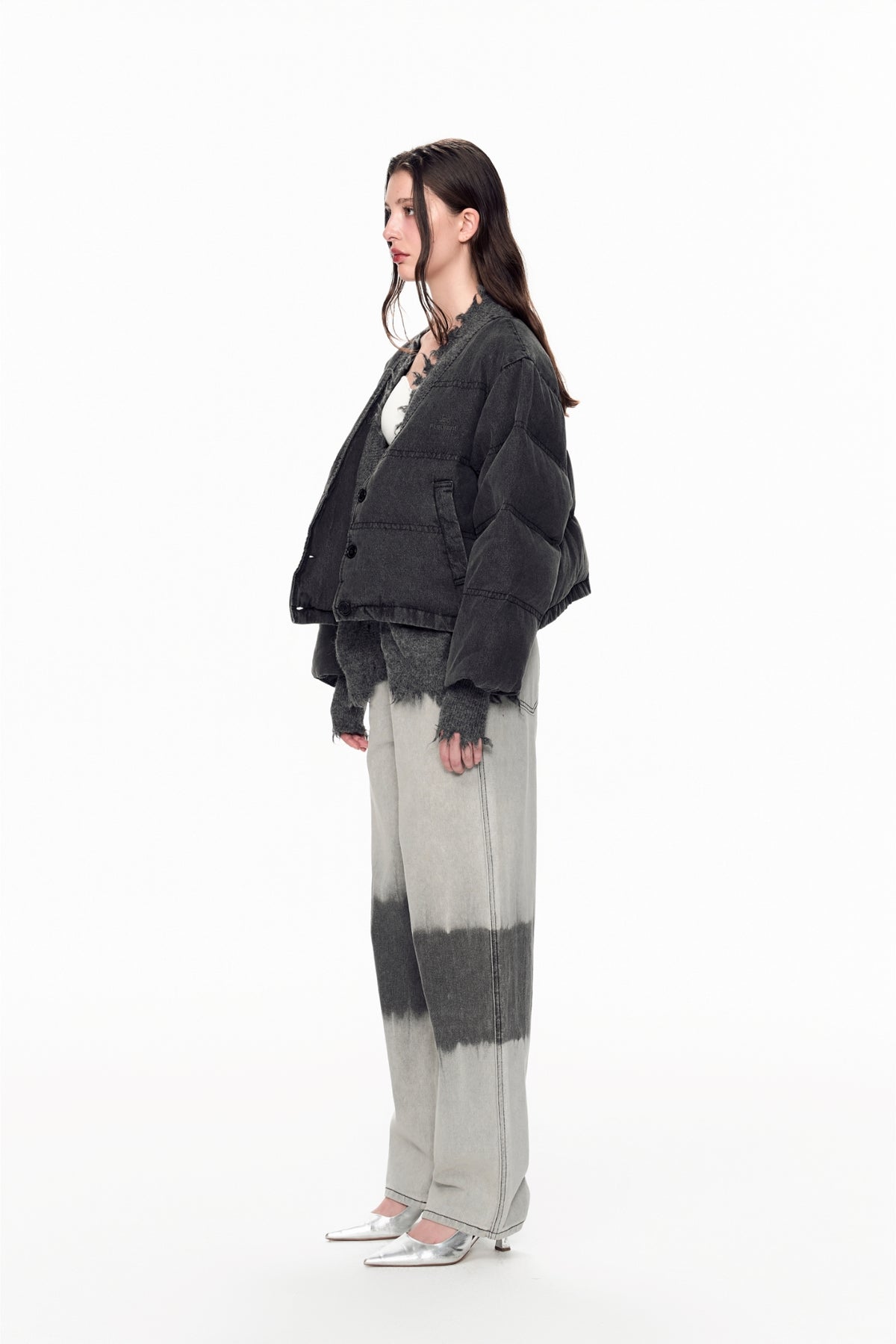 Grey Panel Destroyed Knit Denim Puffer