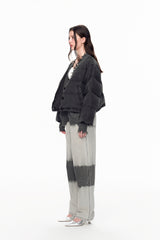 Grey Panel Destroyed Knit Denim Puffer