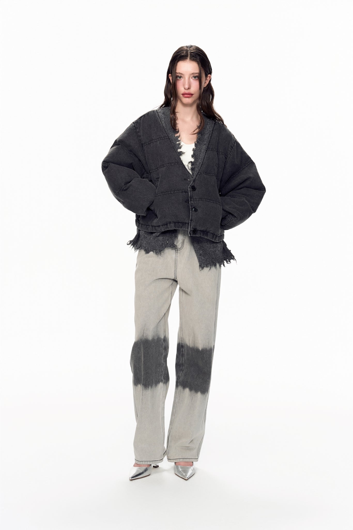 Grey Panel Destroyed Knit Denim Puffer