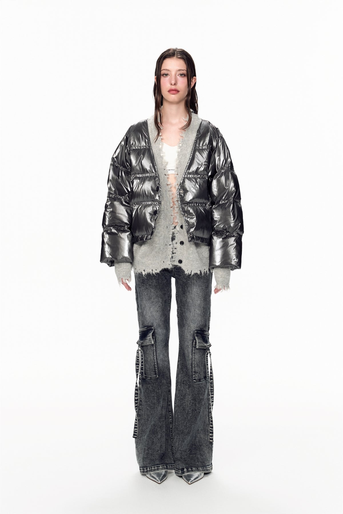 Grey Panel Destroyed Knit False Two-Piece Puffer