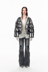 Grey Panel Destroyed Knit False Two-Piece Puffer