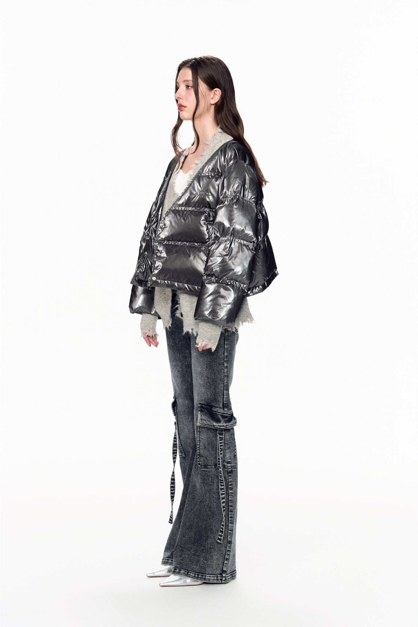Grey Panel Destroyed Knit False Two-Piece Puffer