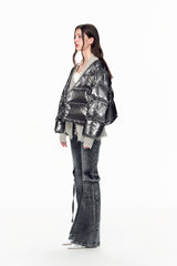 Grey Panel Destroyed Knit False Two-Piece Puffer