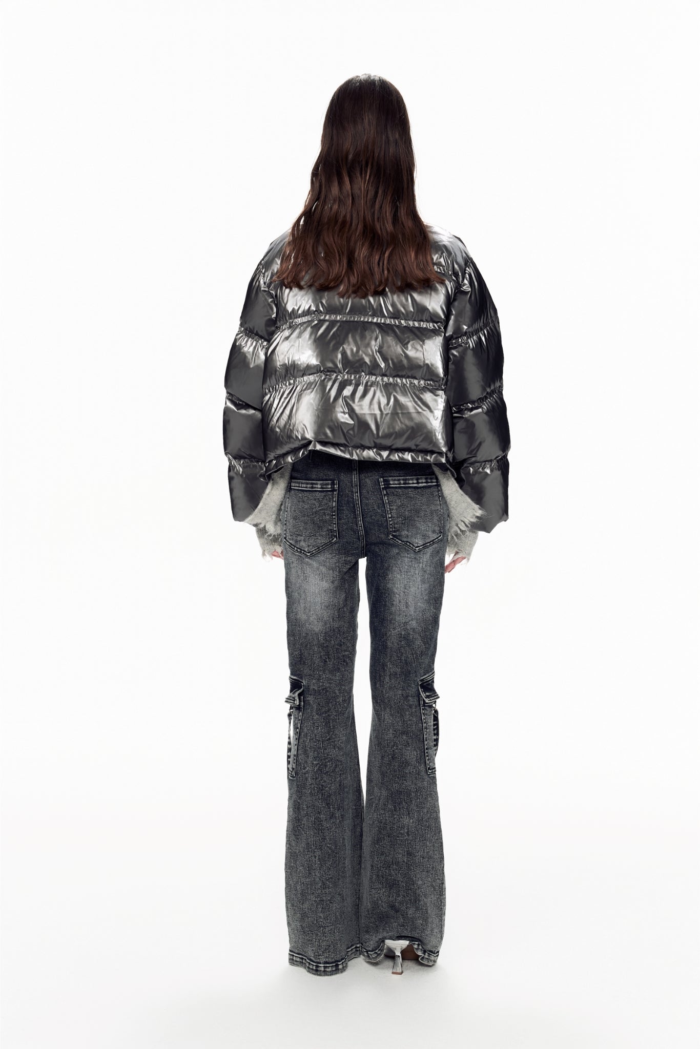 Grey Panel Destroyed Knit False Two-Piece Puffer