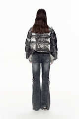 Grey Panel Destroyed Knit False Two-Piece Puffer