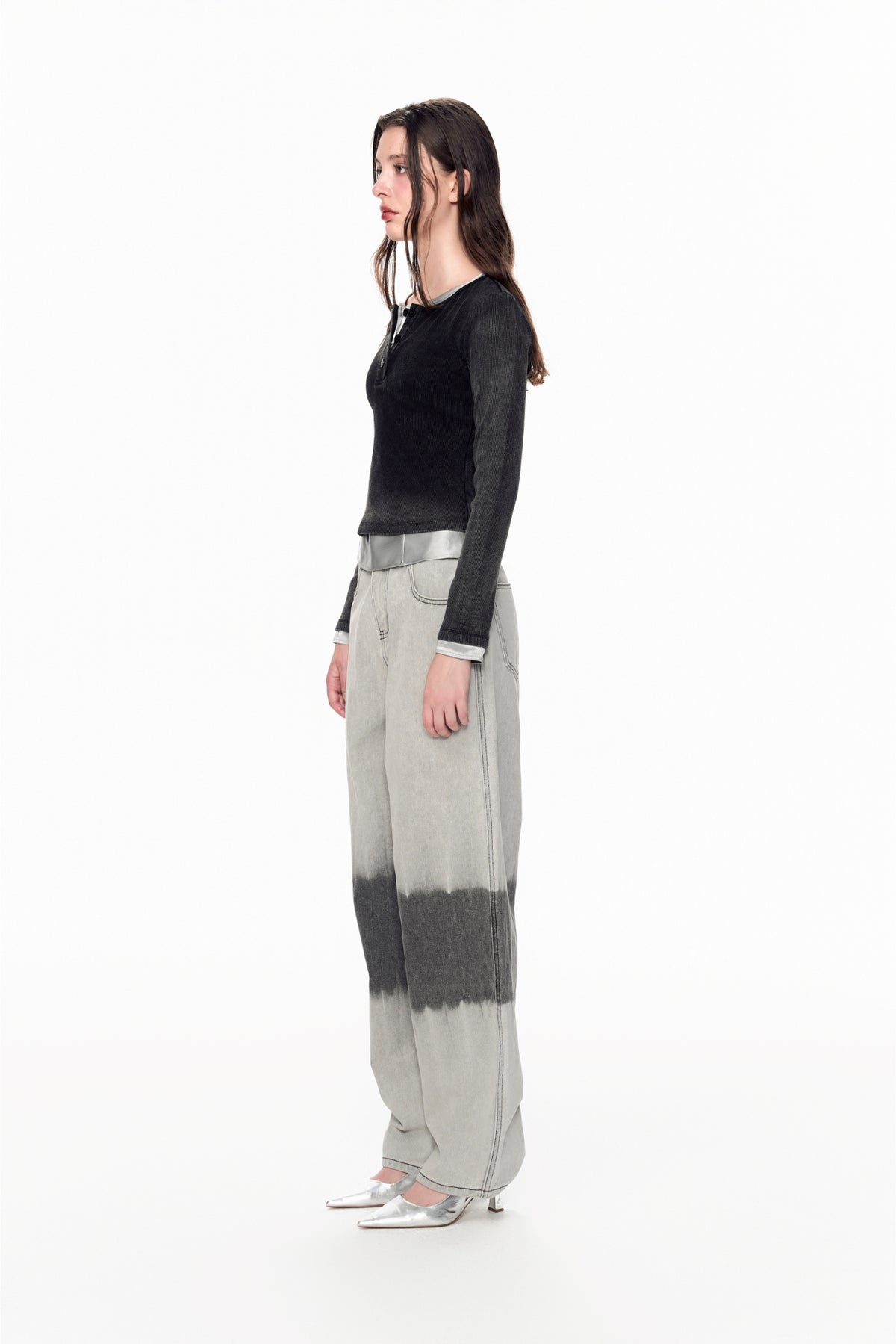 Waterwash Knit Denim False Two-Piece Crop Top