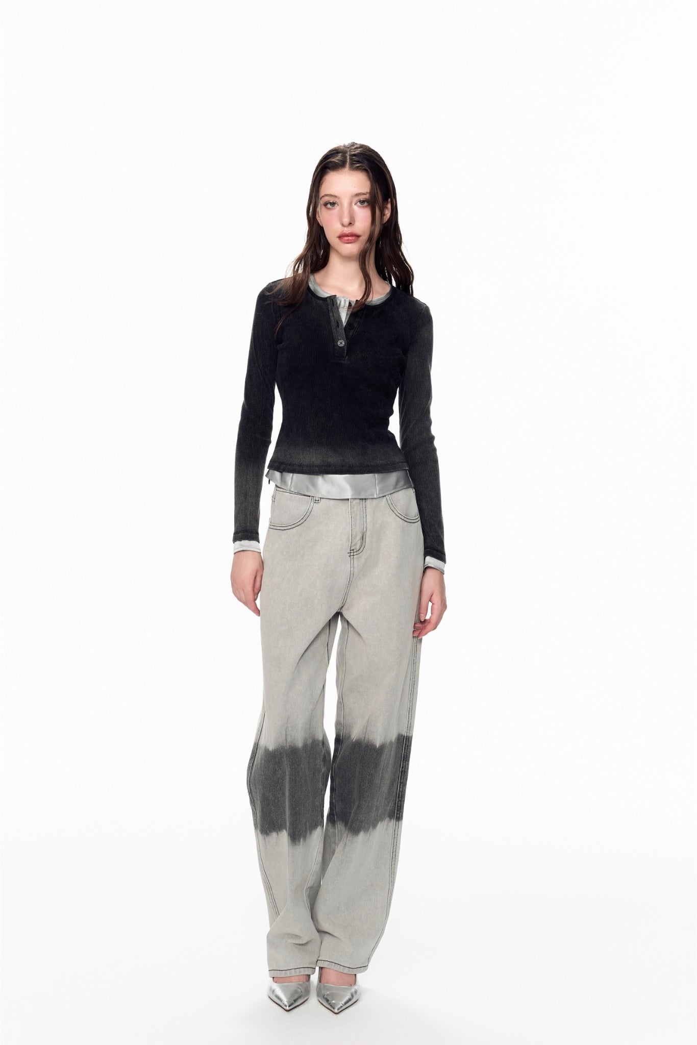 Waterwash Knit Denim False Two-Piece Crop Top