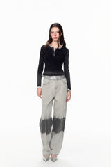 Waterwash Knit Denim False Two-Piece Crop Top