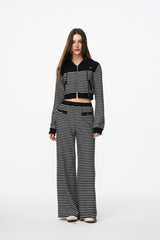 Black & White Stripe Panel Zip Hoodie - Set