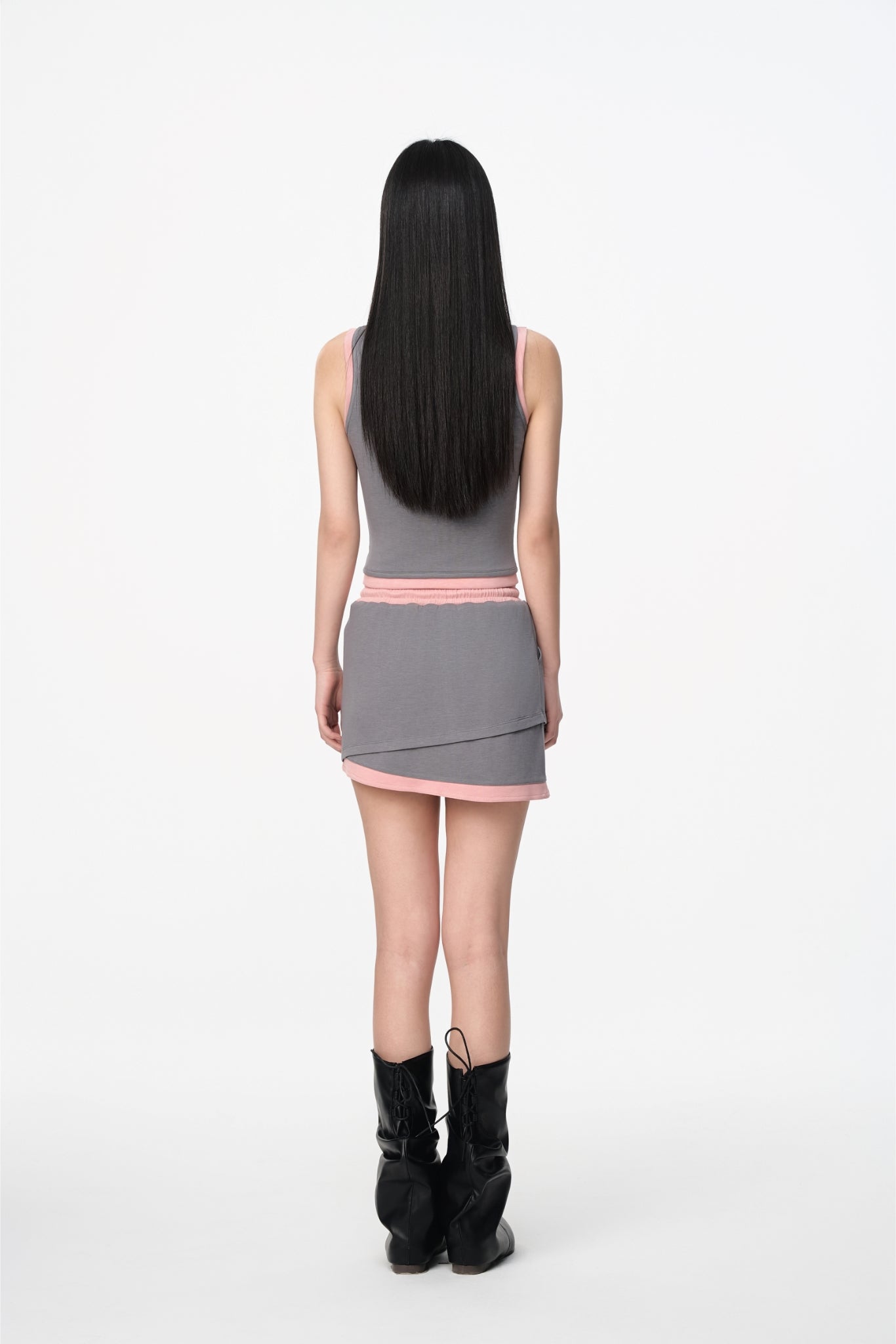 Grey & Pink Irregular Hem Short Skirt - Set