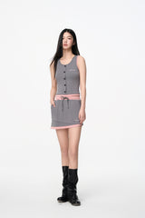 Grey & Pink Irregular Hem Short Skirt - Set