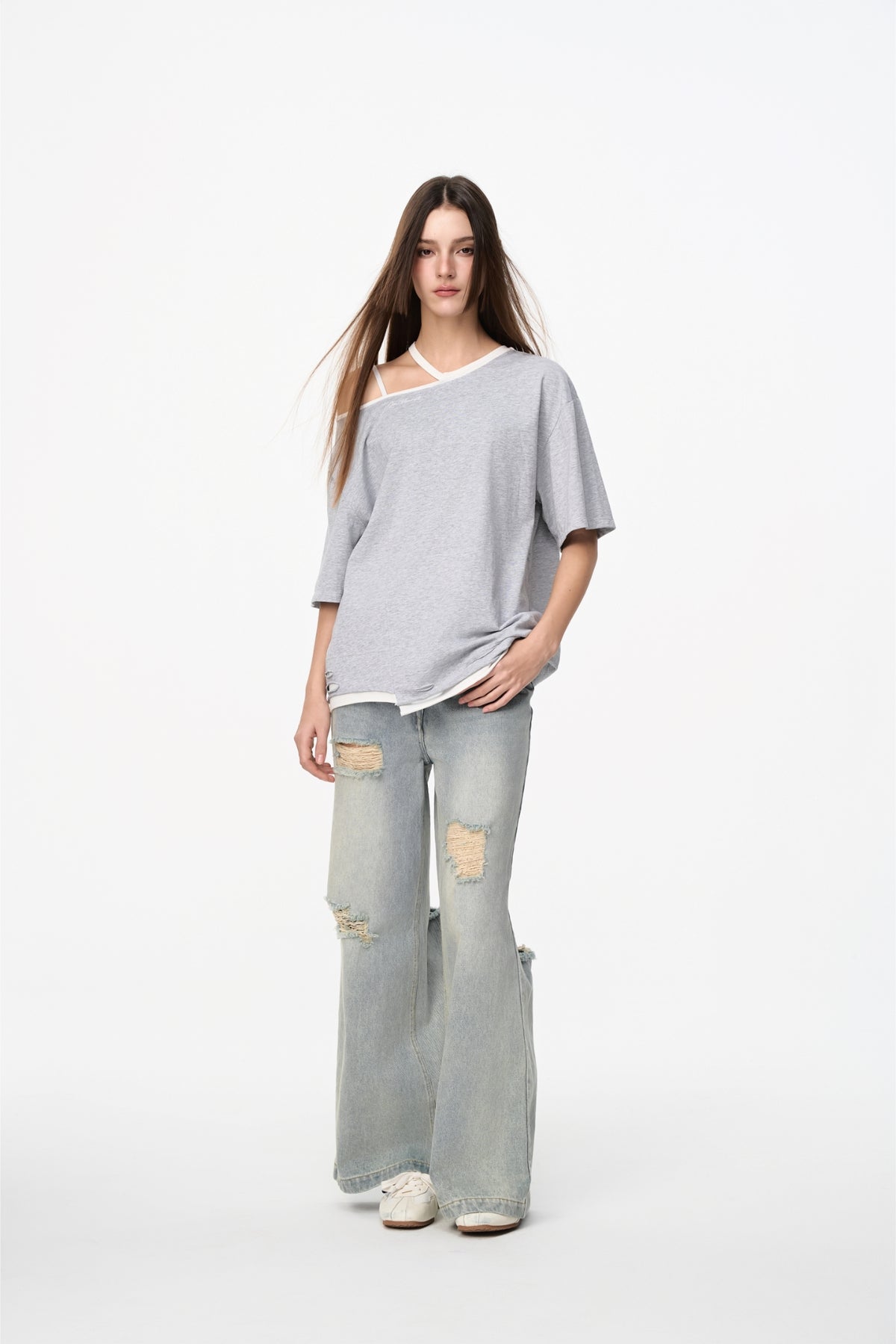 False Two-Piece Grey & White Cold Shoulder Tee