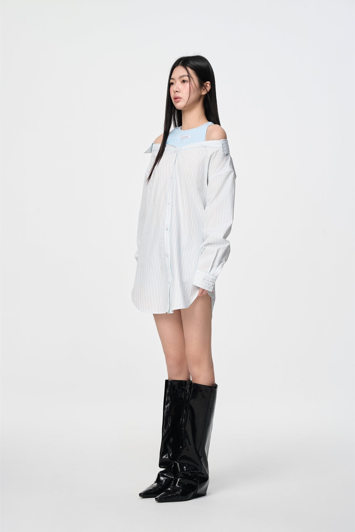 Blue Stripe False Two-Piece Cold Shoulder Shirt Dress