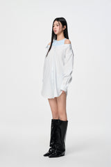 Blue Stripe False Two-Piece Cold Shoulder Shirt Dress