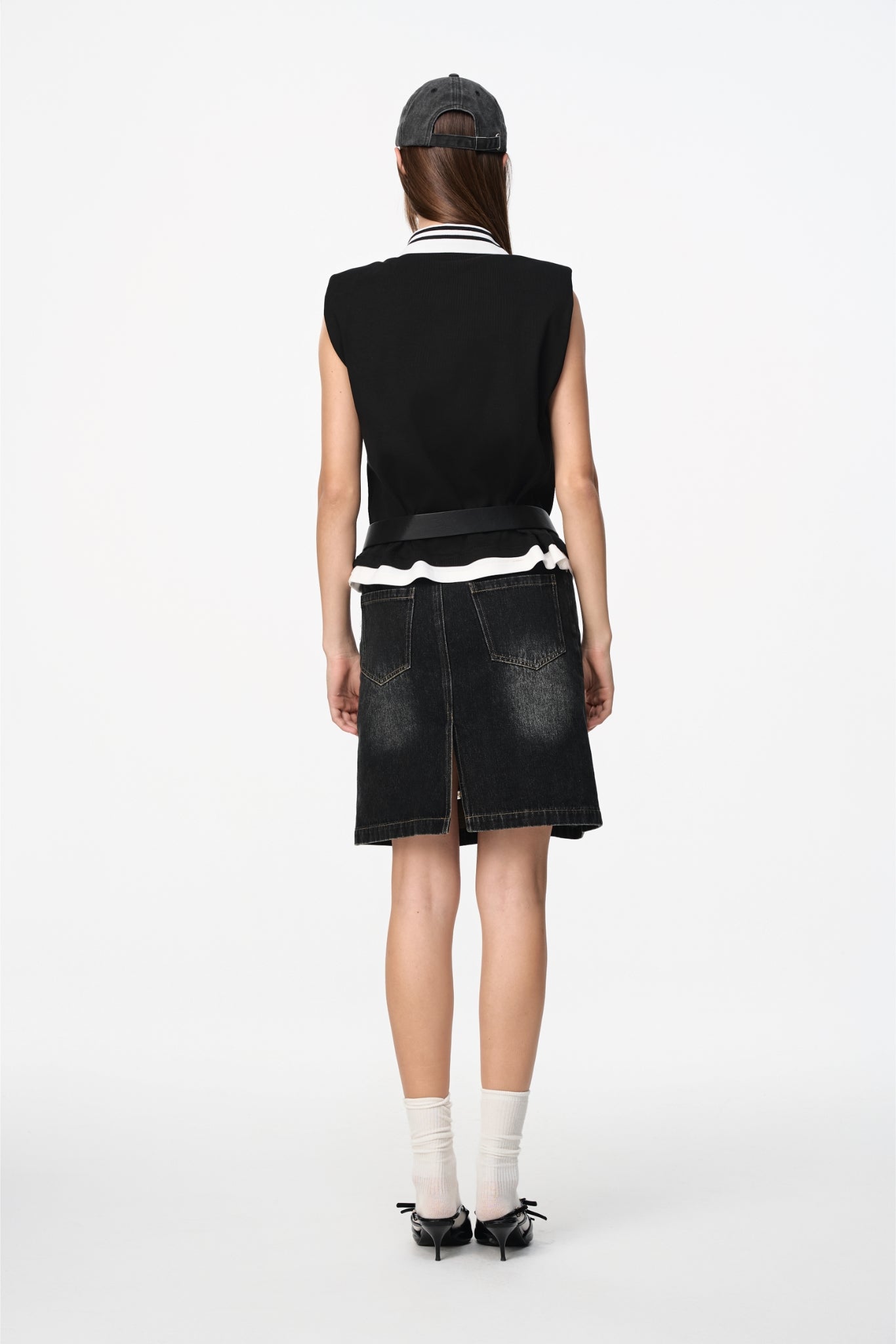 Blue-Grey Washed Denim Ripped Midi Skirt