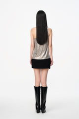 Black Folded Denim Mini Skirt