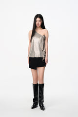 Black Folded Denim Mini Skirt