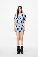 Black & Blue Check Knit Bodycon Shorts - Set