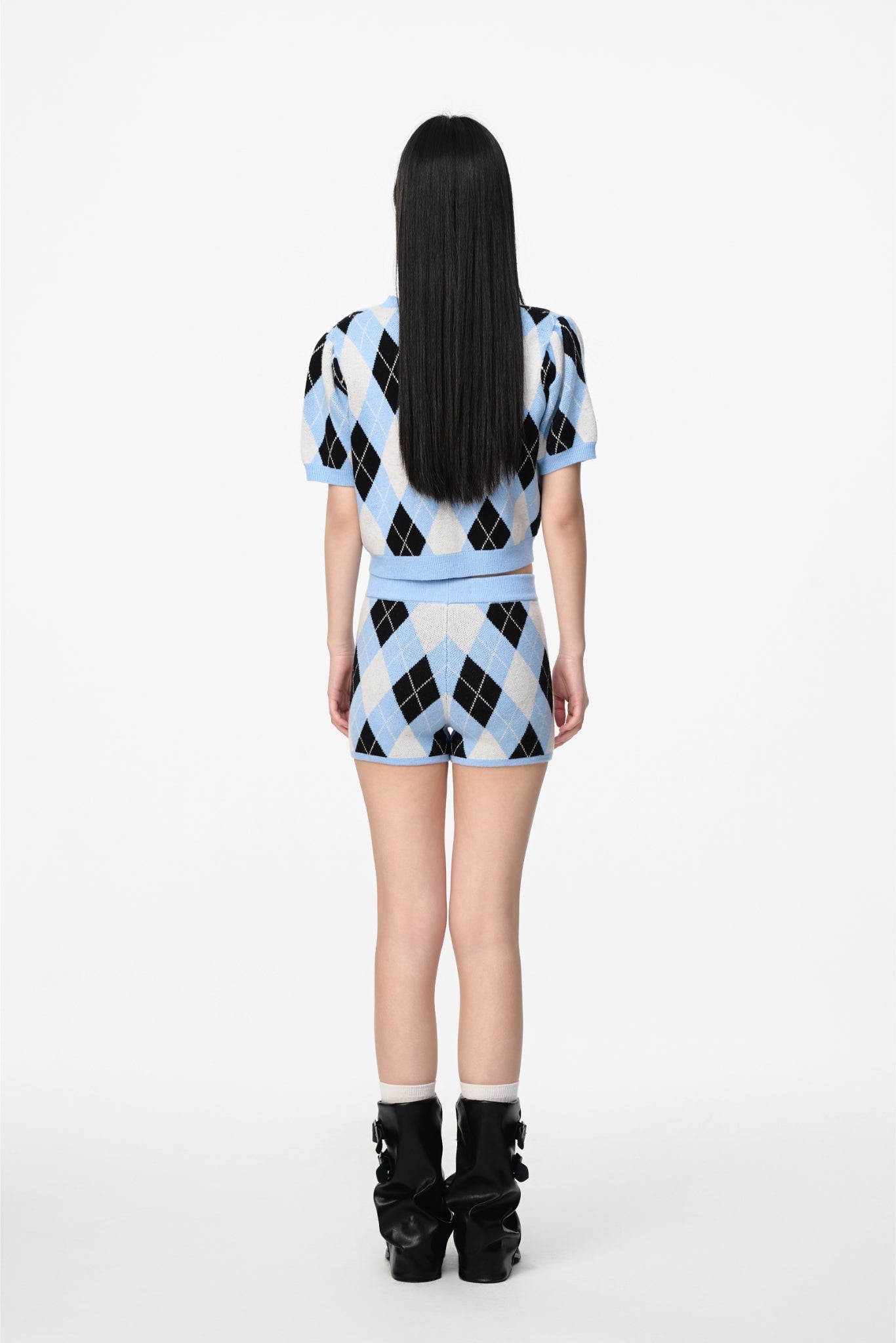 Black & Blue Check Knit Bodycon Shorts - Set